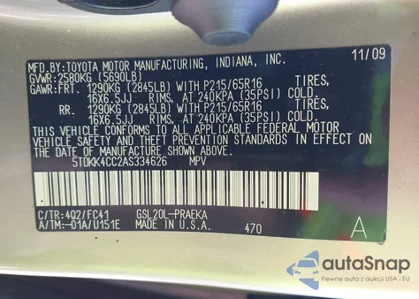 2010 Toyota Sienna Le из США, поврежденный, VIN 5TDKK4CC2AS334626